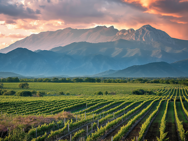 Golden Hour Over Vineyard and Mountains