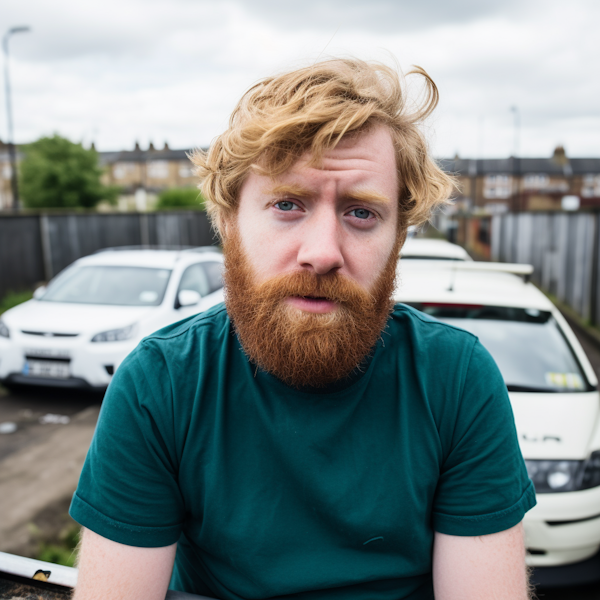 Contemplative Red-Bearded Man in Green Tee