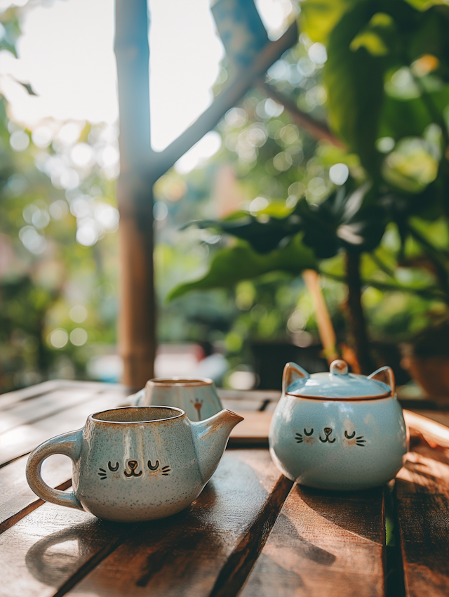 Whimsical Cat-Themed Tea Set Outdoors