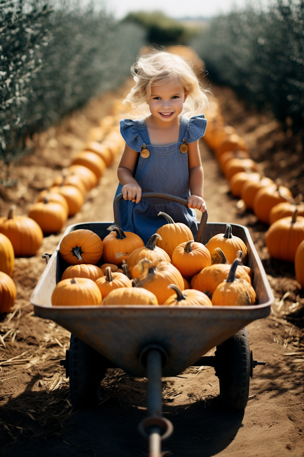 Autumn's Child in a Pumpkin-Filled Wheelbarrow