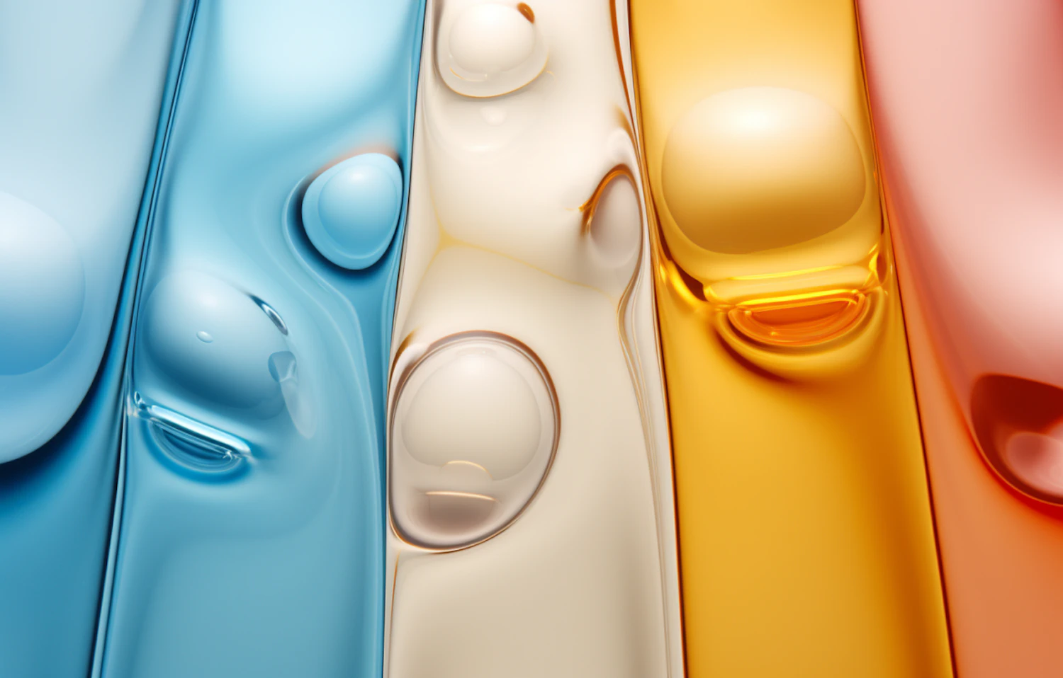 Glossy bubble-like forms in blue, white, yellow, and orange
