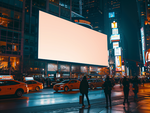 Vibrant Urban Night Scene with Blank Billboard