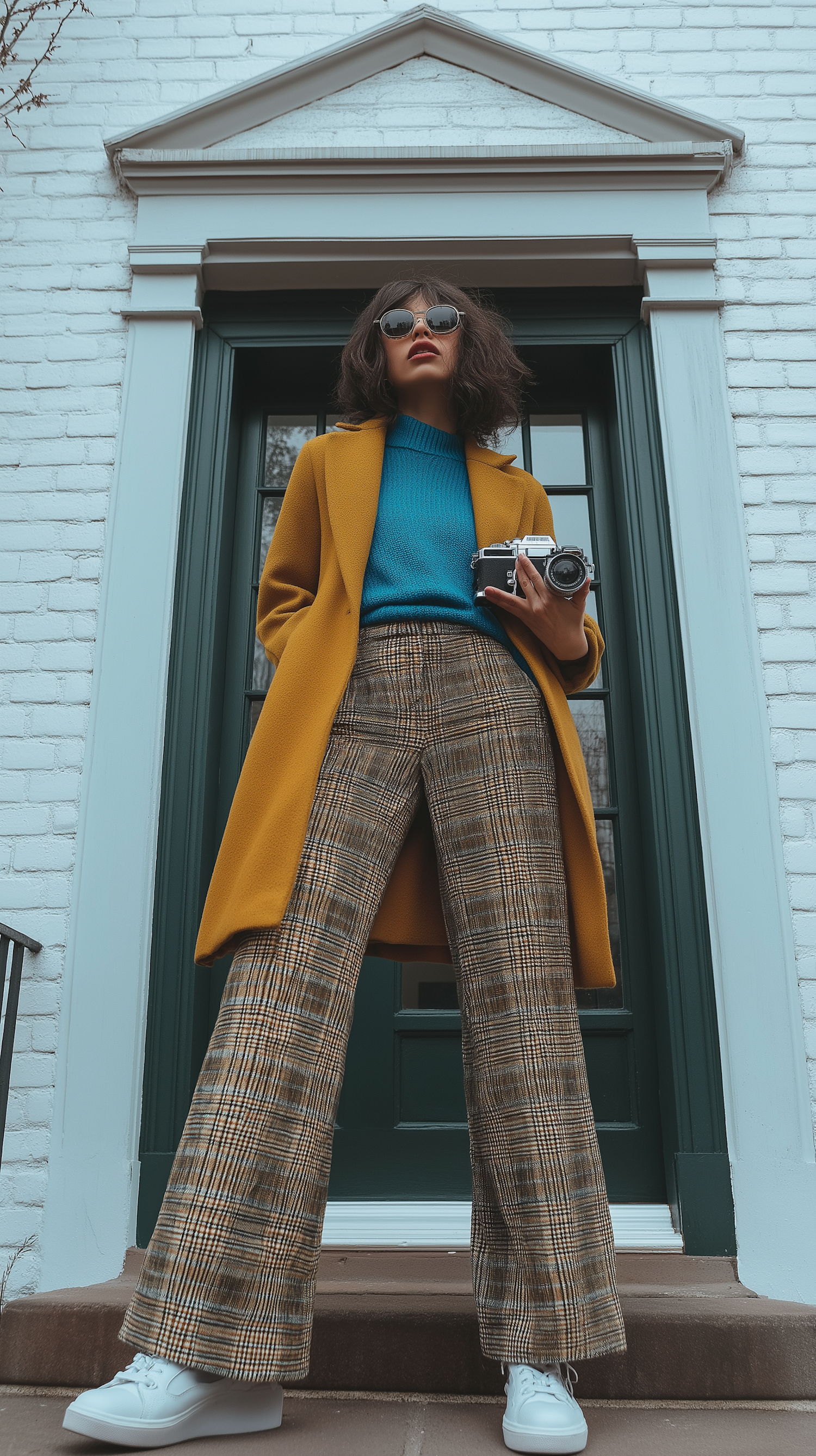 Stylish Individual in Front of White Brick Building