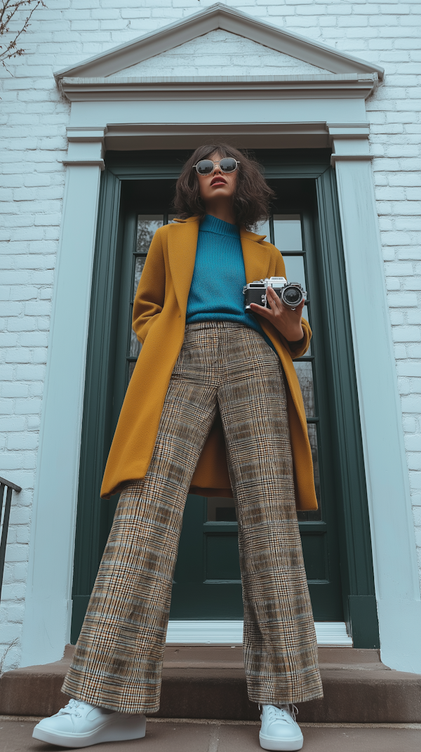 Stylish Individual in Front of White Brick Building