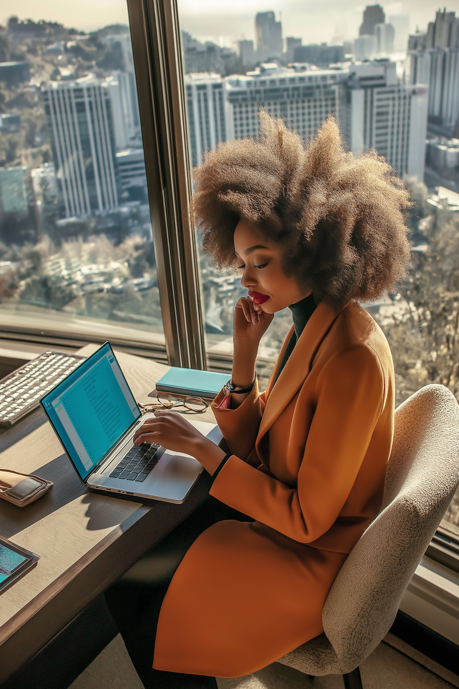 Woman Working at Desk with Cityscape Background