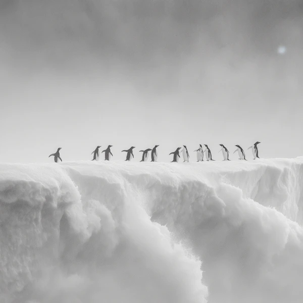 Penguins on Snowy Cliff