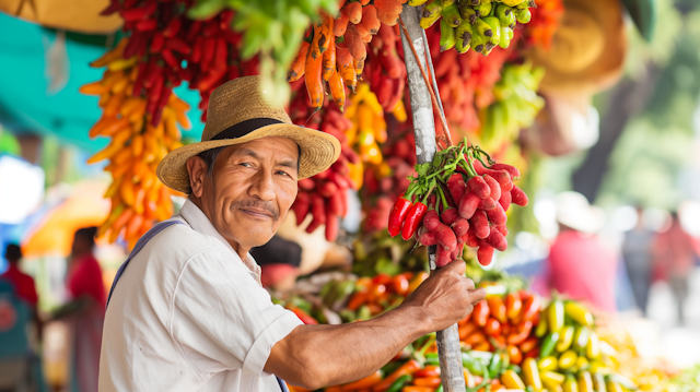 Cheerful Elderly Man at Vegetable Market Stall