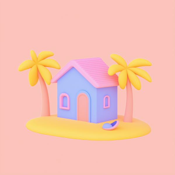 Surreal Toy-Like House with Palm Trees