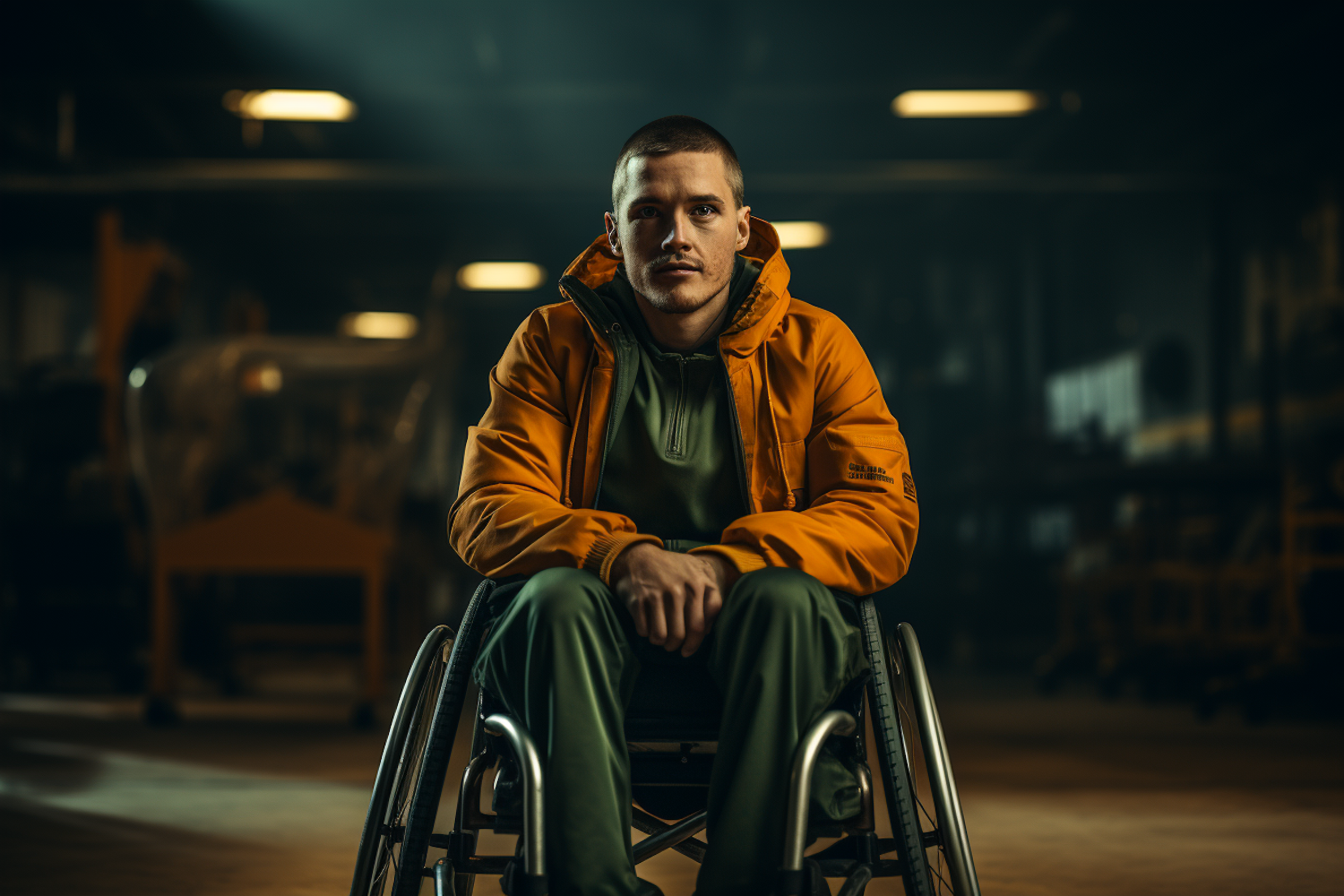 Man in Orange Jacket Seated in Wheelchair