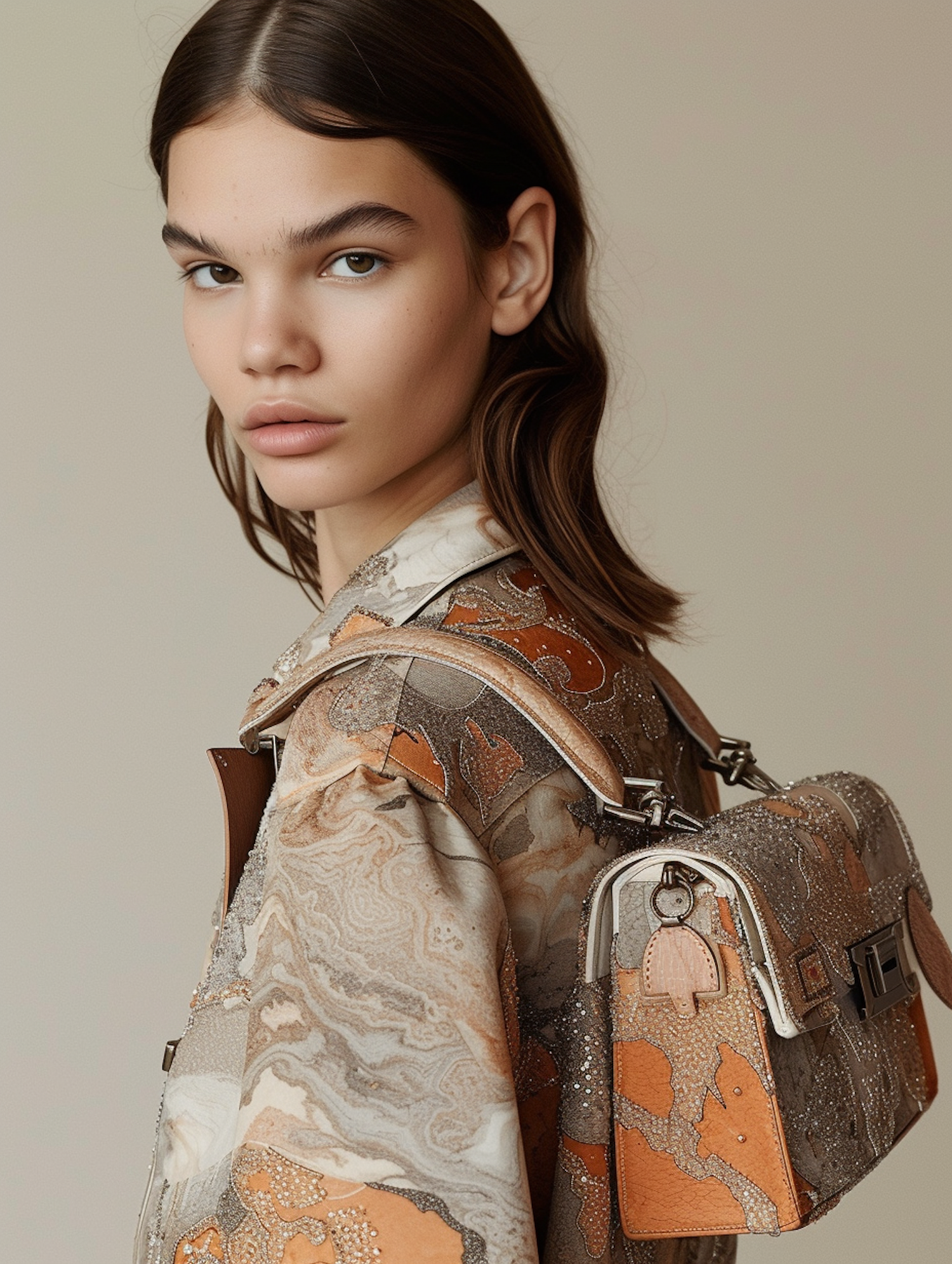 Sophisticated Female Model with Earth-Toned Accessories