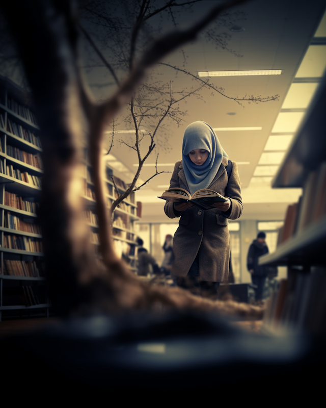 Serenity in Study: A Woman in Blue Hijab Reading in a Library