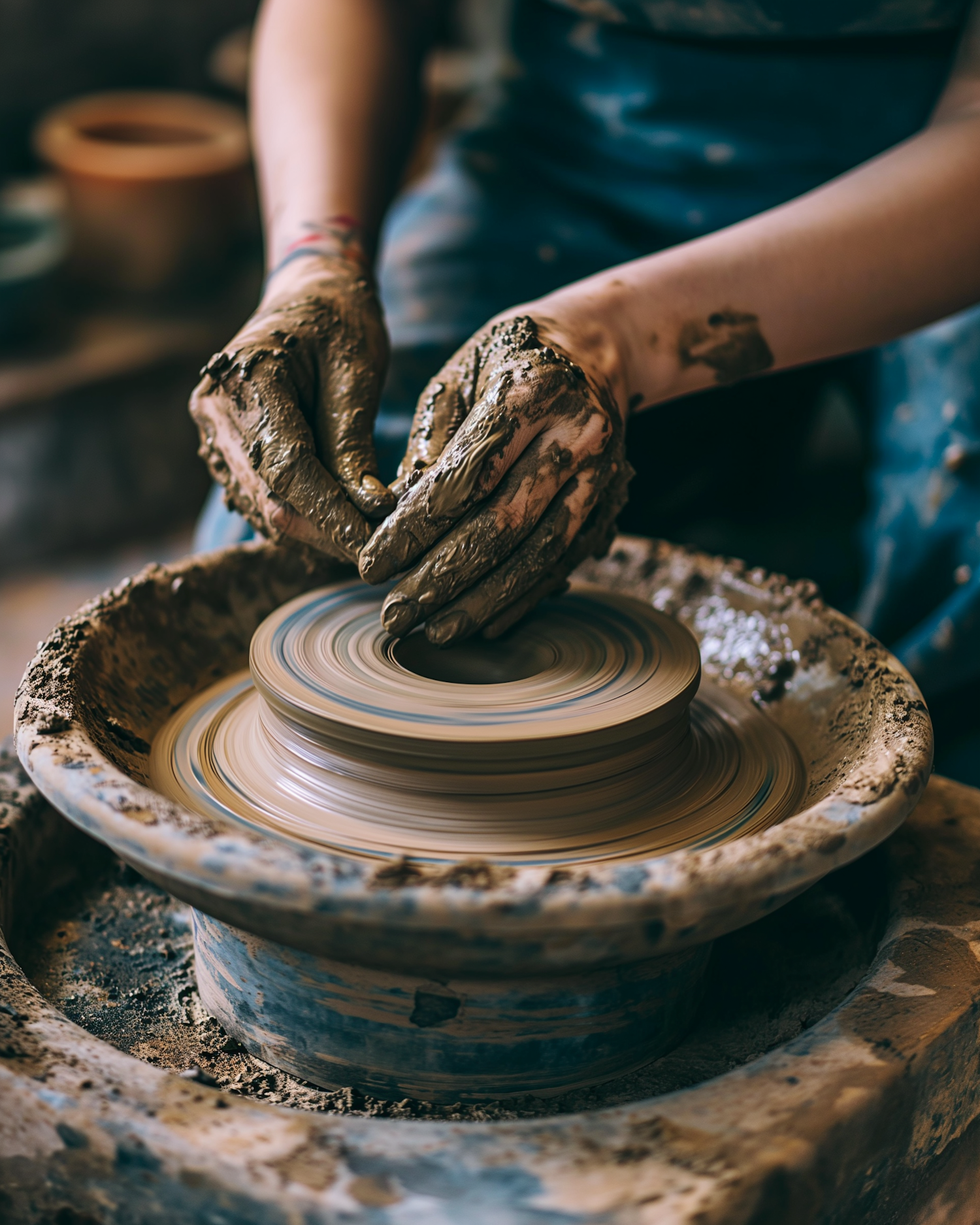 Crafting Artistry: Hands Shaping Clay on a Potter's Wheel