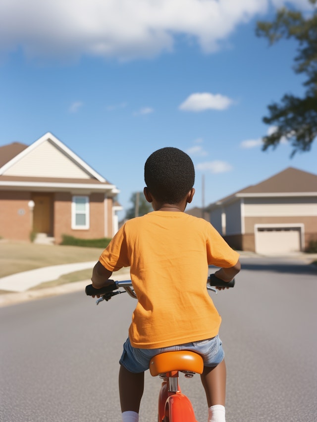 Child Riding Bicycle in Suburban Street