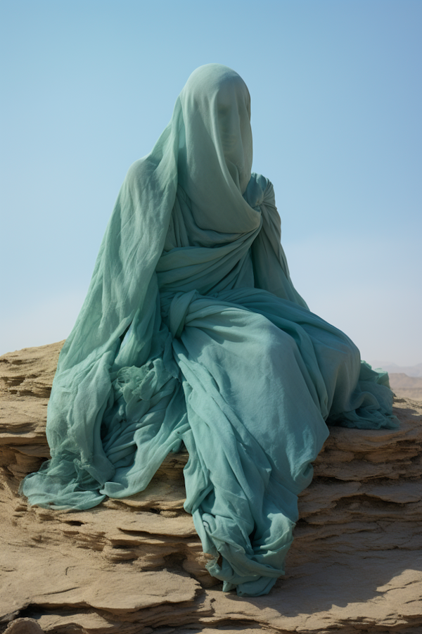 Contemplative Figure in Teal Drapery