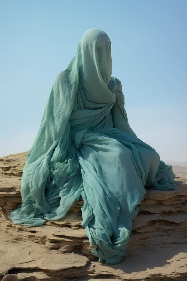 Contemplative Figure in Teal Drapery