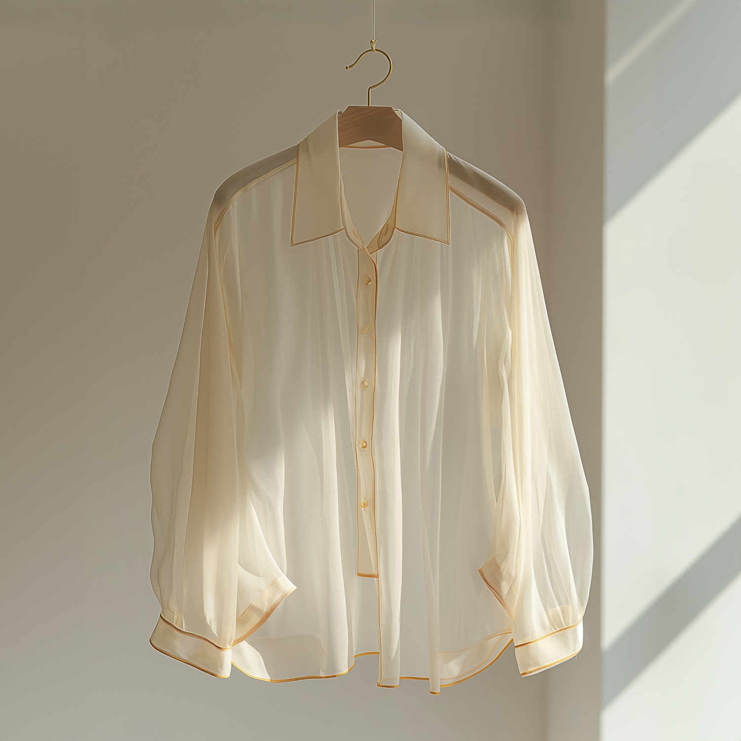 Elegant Cream-Colored Shirt on Wooden Hanger