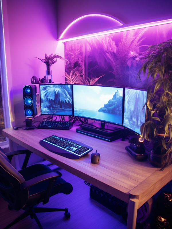 Futuristic Triple-Monitor Workstation with Purple Ambiance