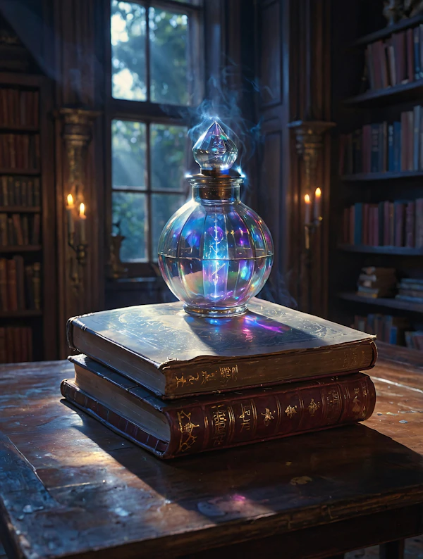 Mystical Glass Bottle in Enchanted Library
