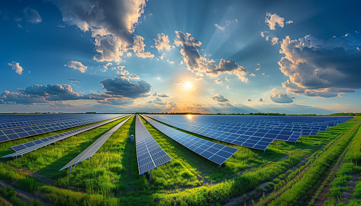 Renewable Energy Solar Farm at Sunrise/Sunset