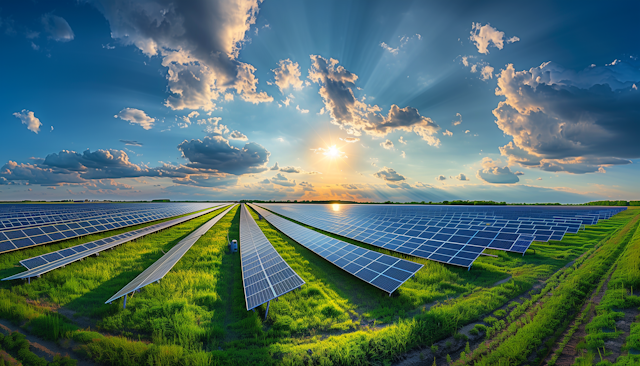 Renewable Energy Solar Farm at Sunrise/Sunset