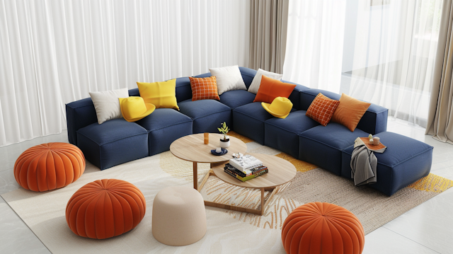 Modern Living Room with Blue Sofa