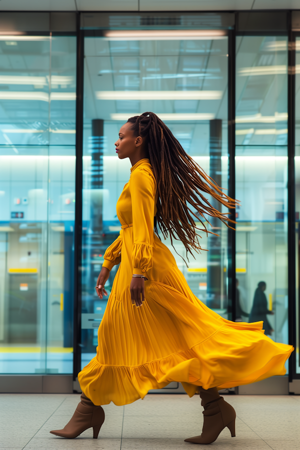 Woman in Yellow Dress at Indoor Public Space