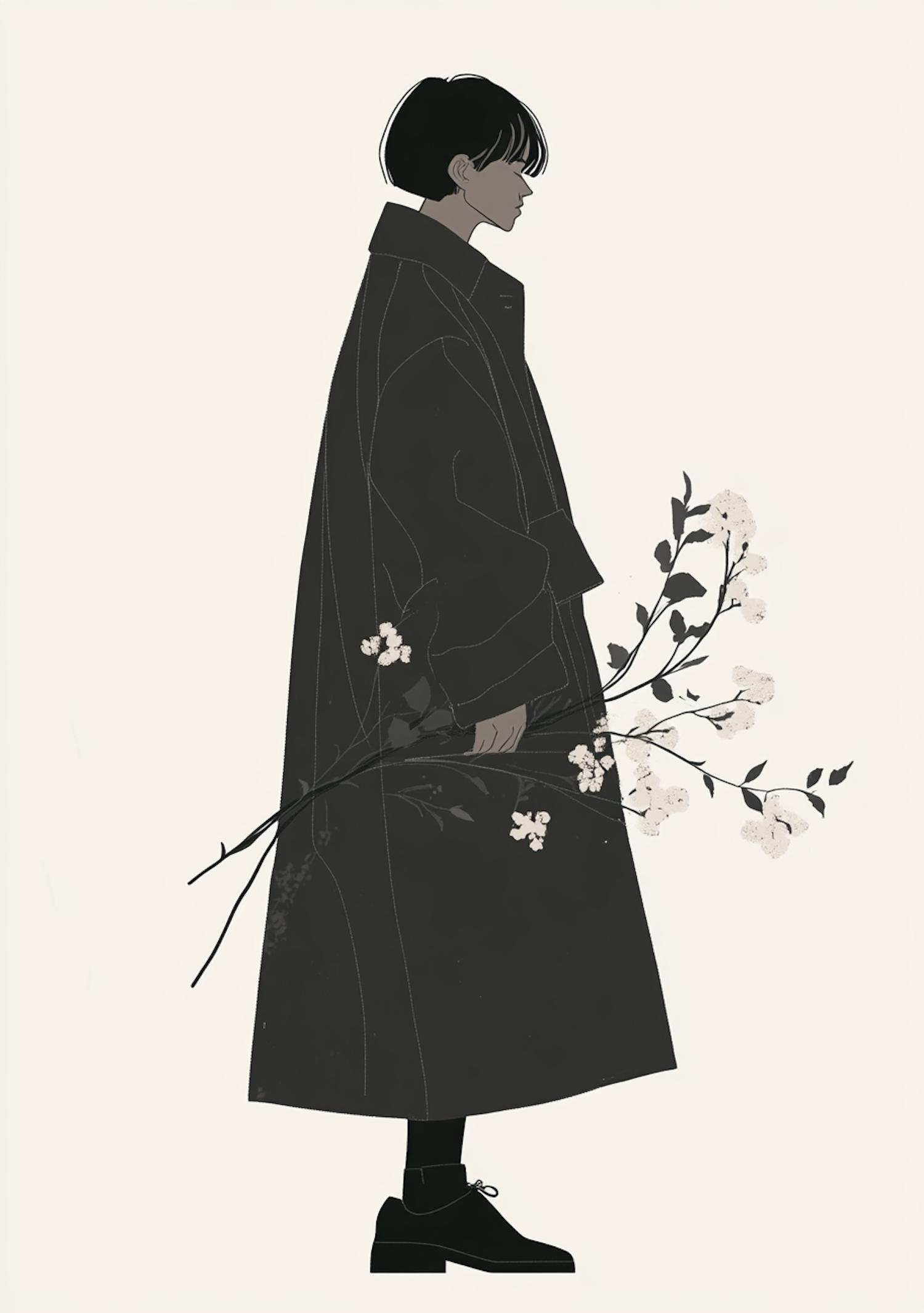 Contemplative Figure with Cherry Blossoms