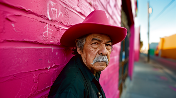 Elderly Man with Magenta Hat Against Graffiti Wall