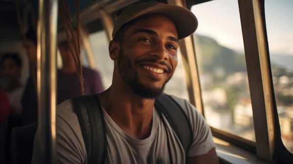 Joyful Man on Public Transport