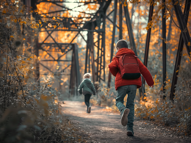 Children Playing in Autumn Forest