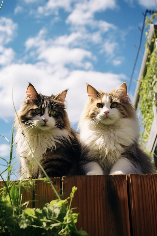 Regal Feline Siblings Against Azure Skies