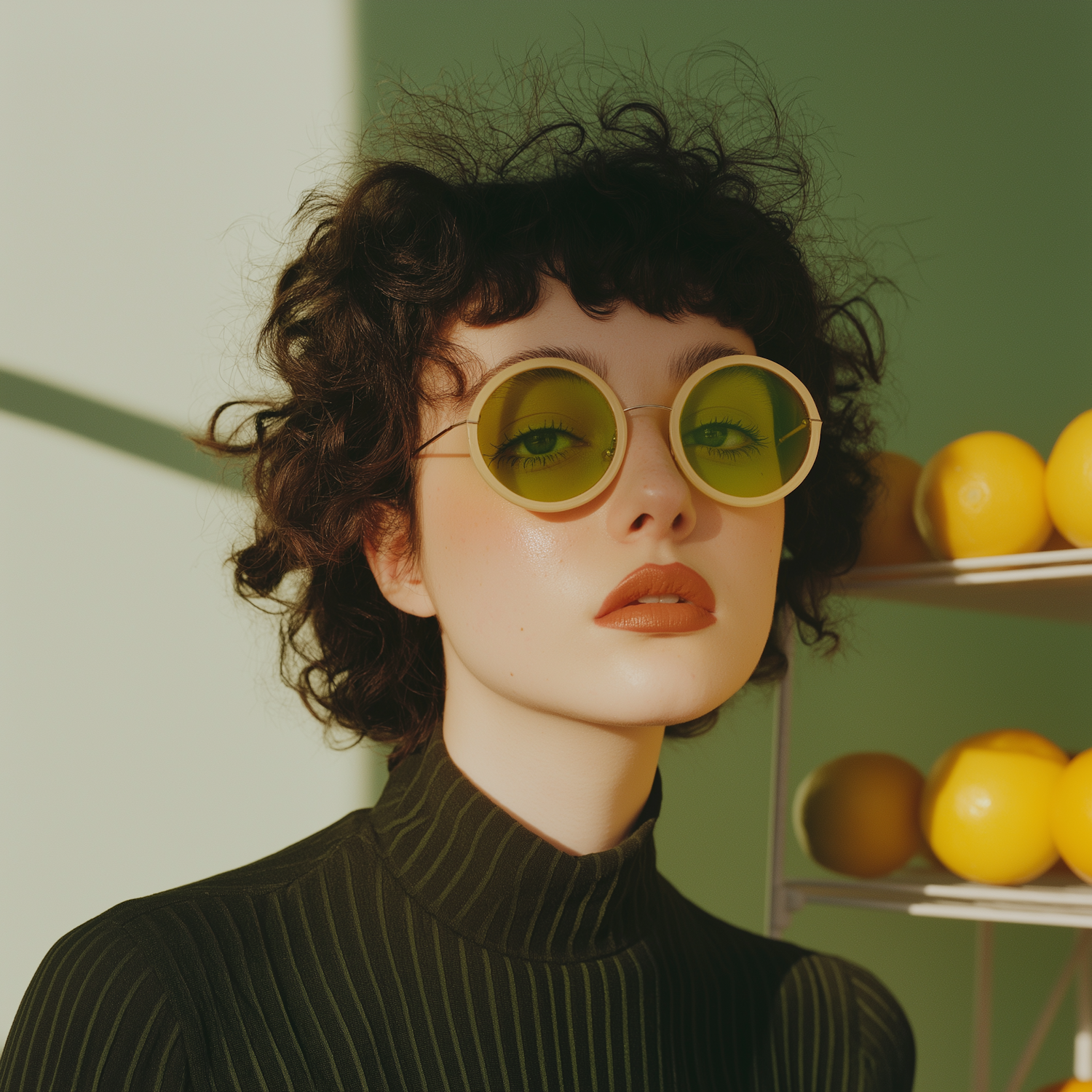 Stylish Curly Woman with Glasses and Lemons