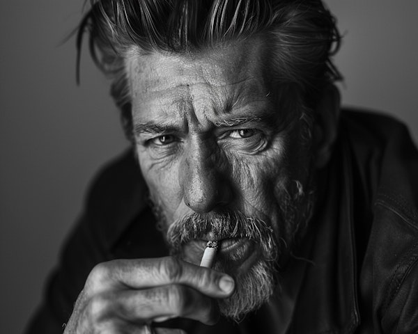 Black and White Portrait of a Rugged Man with Cigarette
