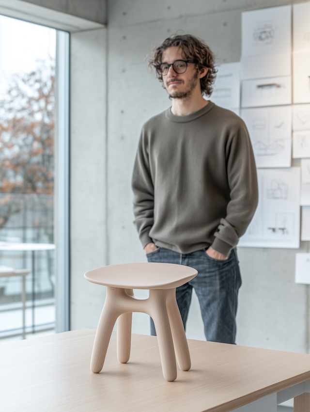 Man Observing Wooden Stool in Minimalist Room