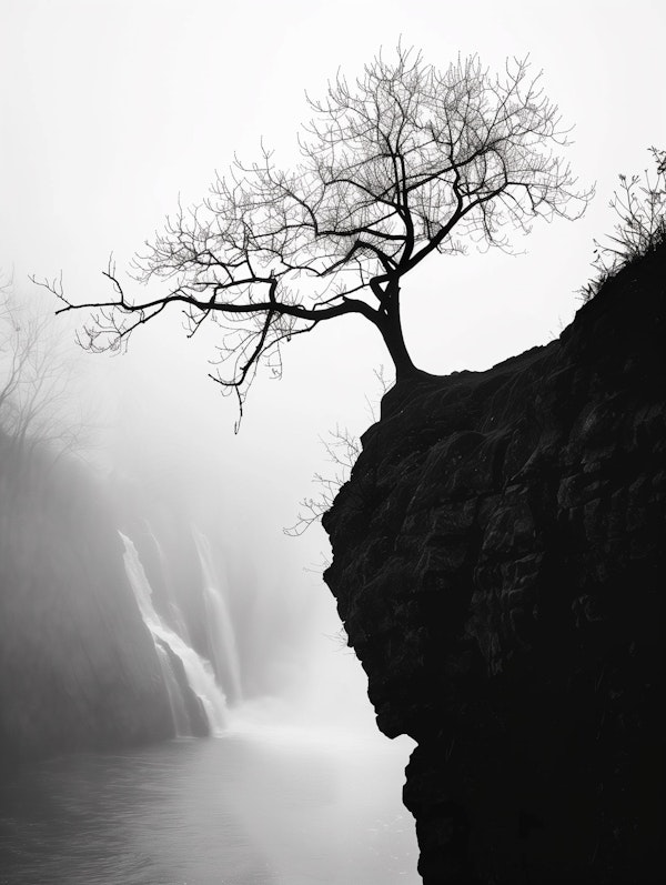 Monochromatic Scene of a Lone Tree on a Cliff