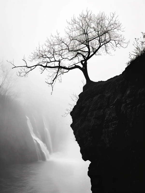 Monochromatic Scene of a Lone Tree on a Cliff