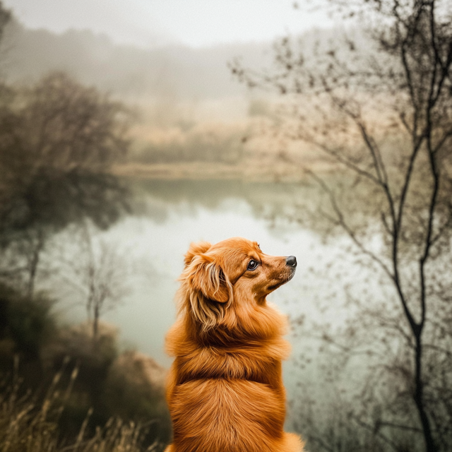 Golden-Brown Fluffy Dog in Serene Landscape