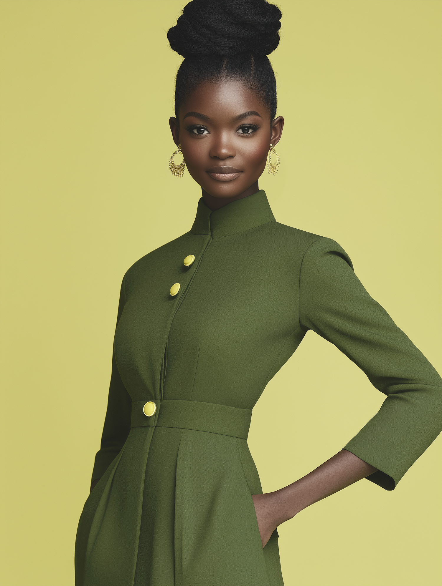 Poised Woman in Olive Green Dress