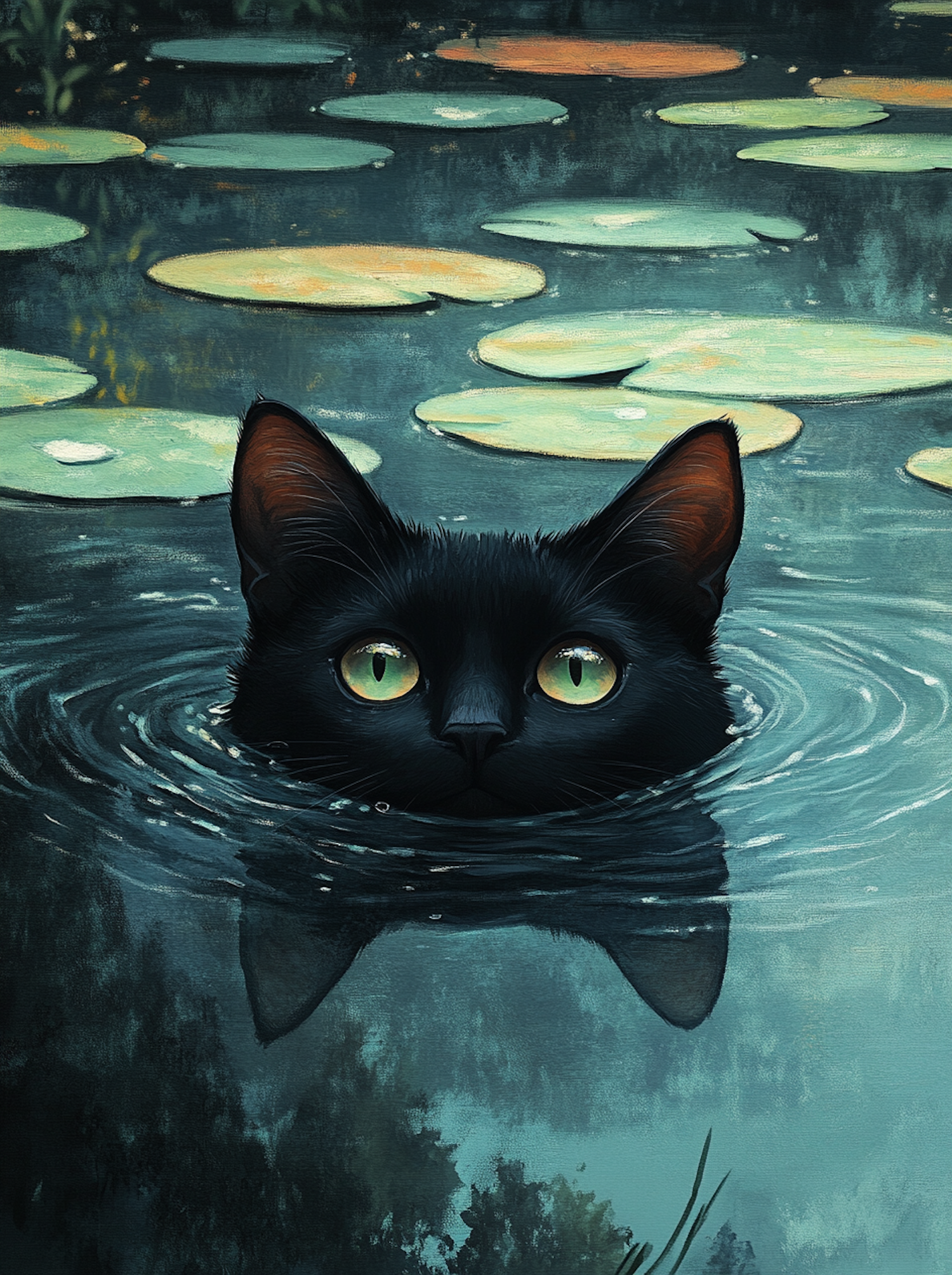 Submerged Black Cat with Green Eyes