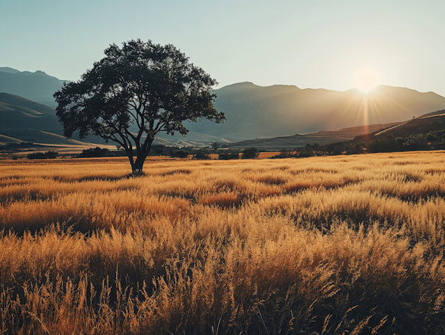 Solitary Tree in Golden Field at Sunset