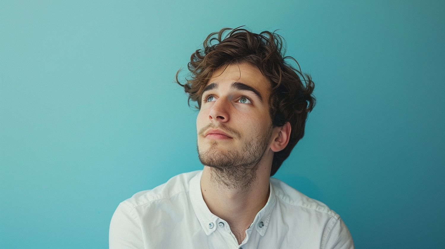 Contemplative Young Man with Teal Background