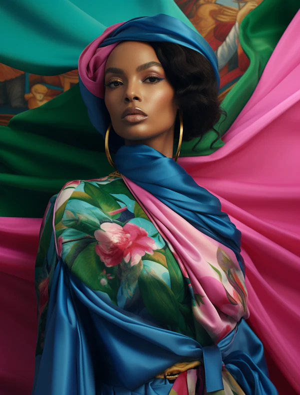 Elegance in Jewel Tones: The Poised Portrait of a Woman in Luxurious Fabrics