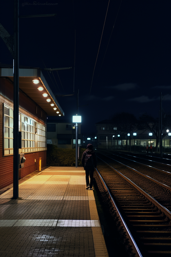 Nocturnal Wait: A Solitary Traveler at the Train Station