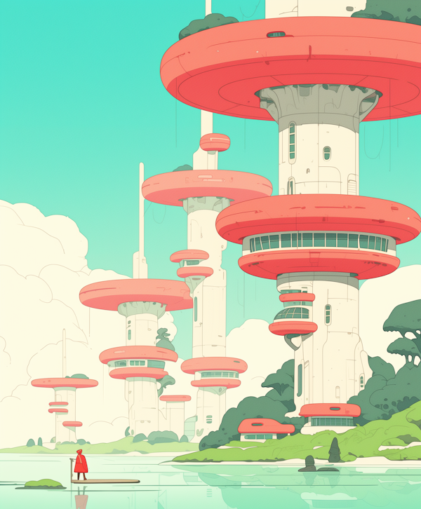 Futuristic Cityscape with Red Platforms