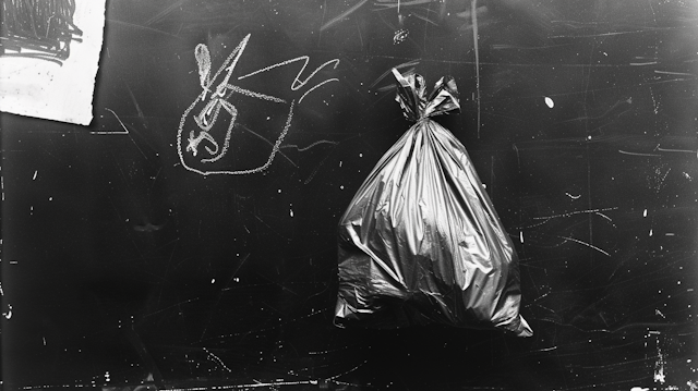 Monochrome Trash Bag and Vandalized Backdrop