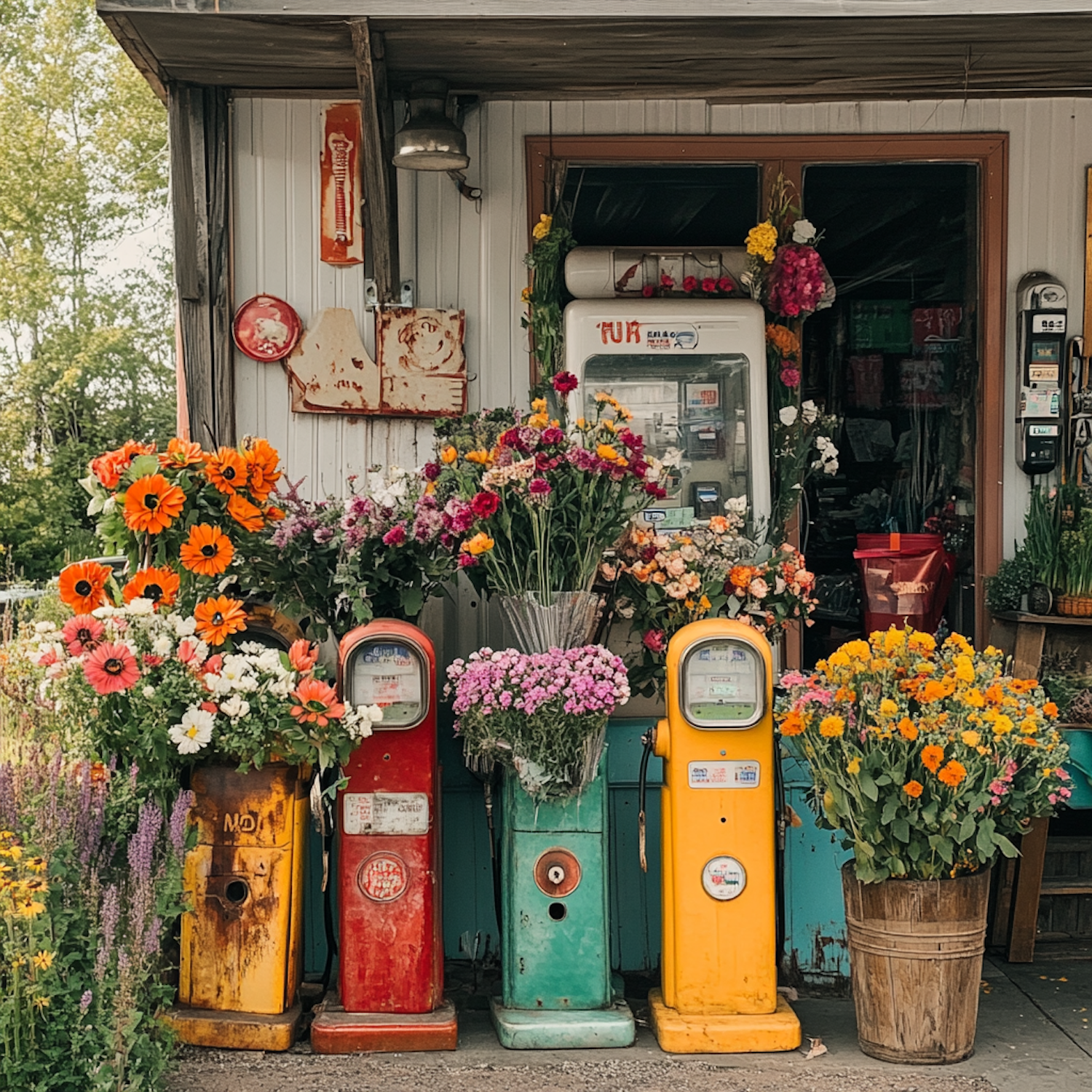 Vintage Gas Pumps as Flower Stands