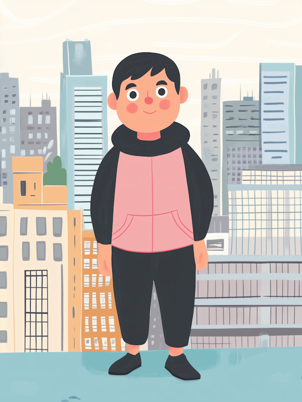 Cheerful Boy in Cityscape Illustration