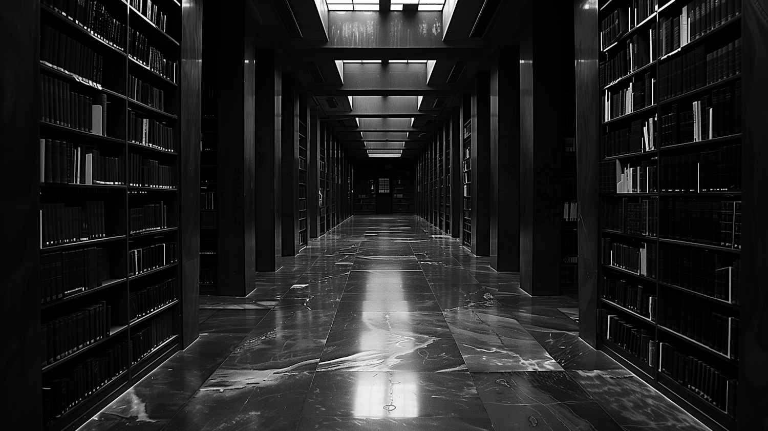 Symmetrical Library Interior in Black and White