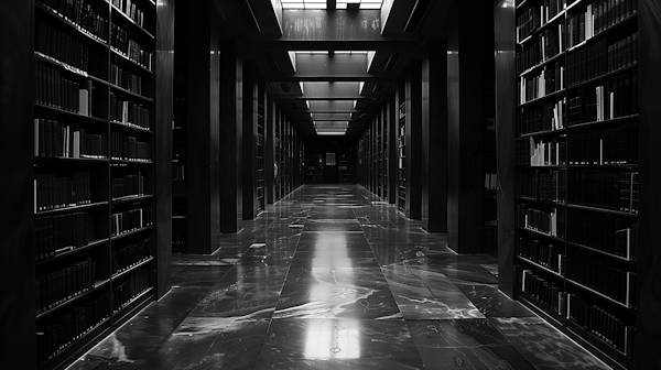 Symmetrical Library Interior in Black and White