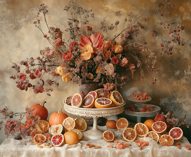 Citrus and Dried Flowers Still Life